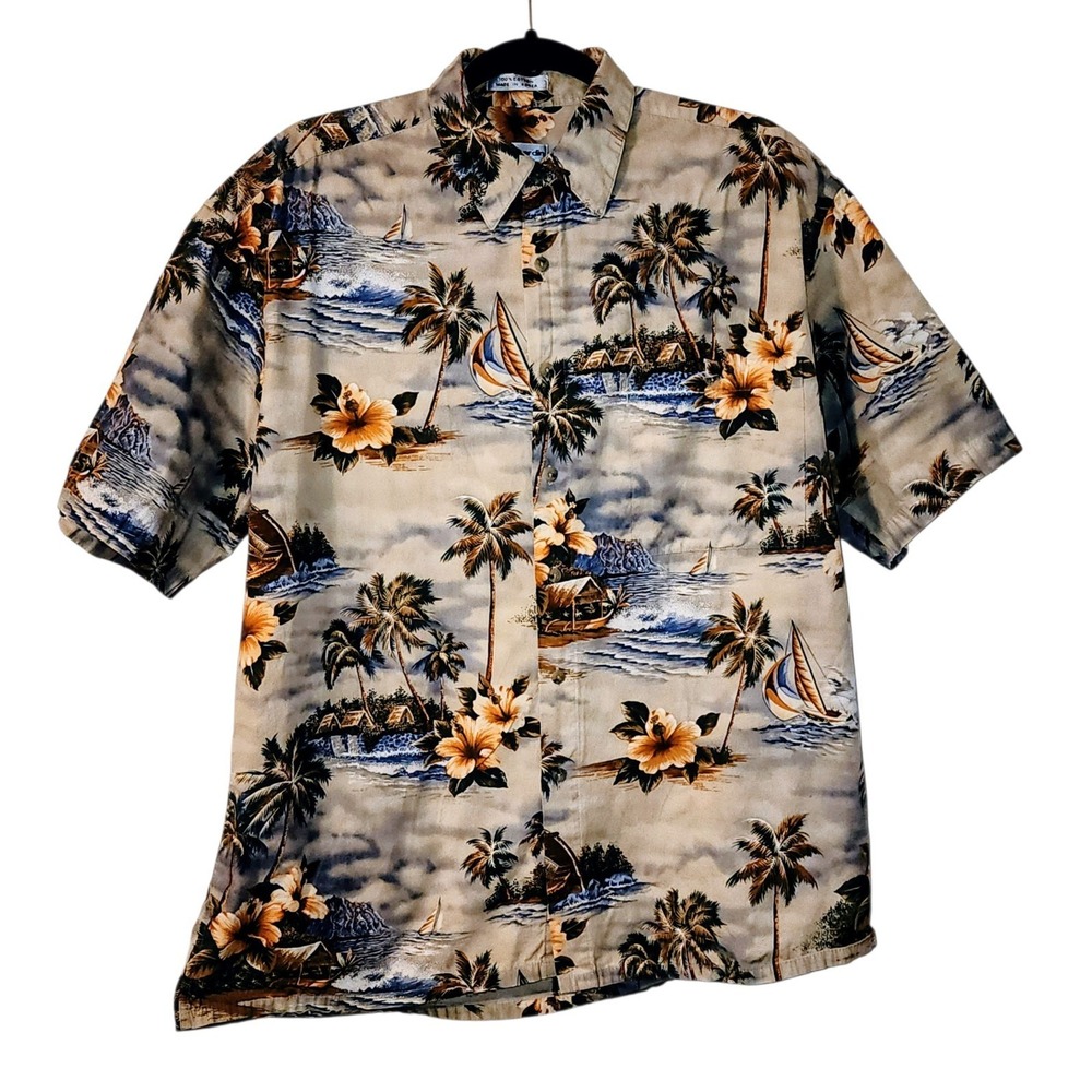 Pier Cardin L Short Sleeve Floral Tropical Aloha Hawaiian Palms Boat Beach Shirt